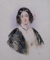 Portrait of a lady, early 19th century English School watercolour, unsigned, 26cm x 20cm, framed