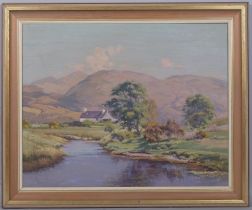 Highland landscape, 20th century oil on canvas, indistinctly signed, 60cm x 75cm, framed Good