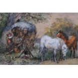 E L Herring, gypsy encampment, watercolour, signed, 34cm x 50cm, framed Several small fox marks