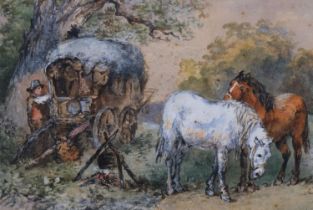 E L Herring, gypsy encampment, watercolour, signed, 34cm x 50cm, framed Several small fox marks