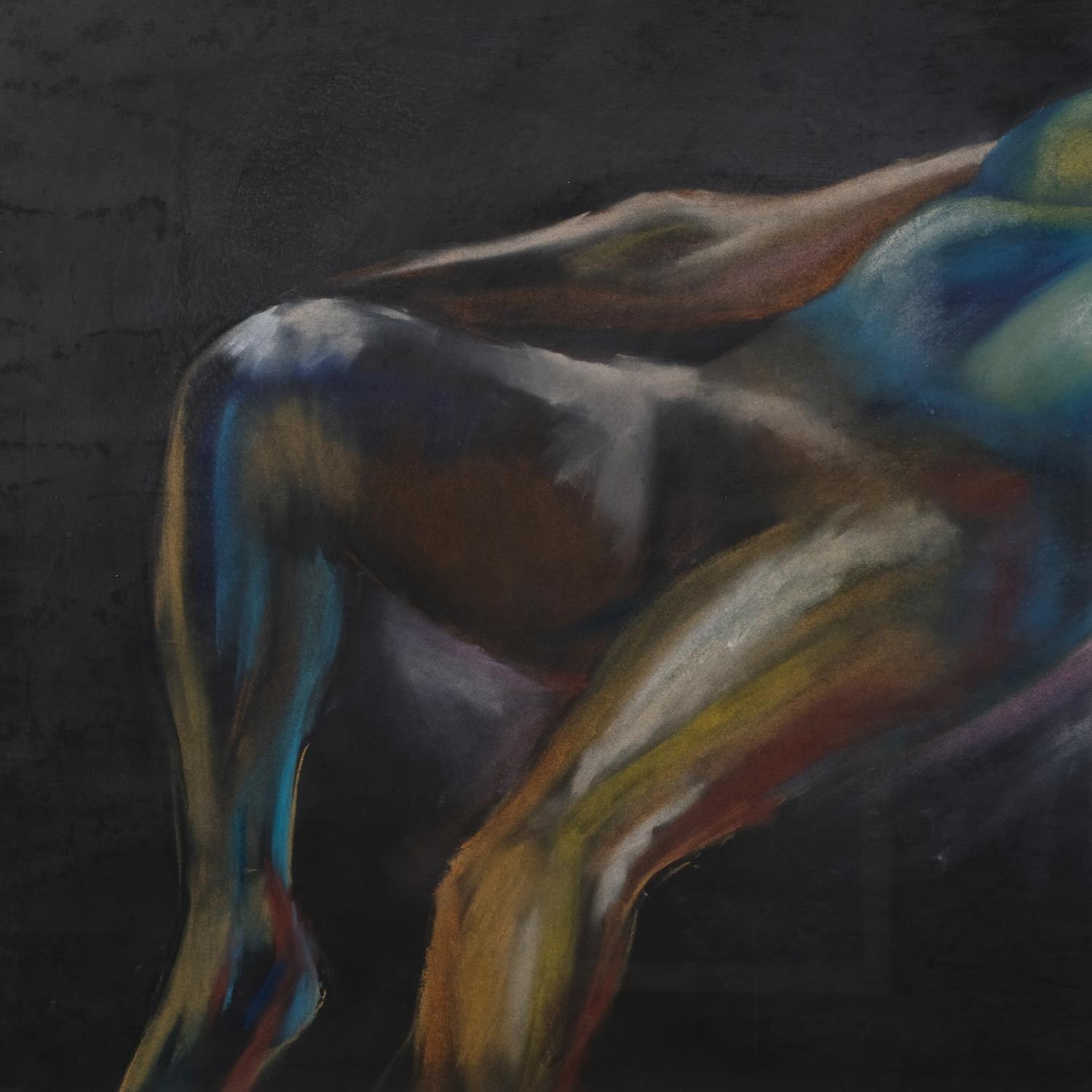 Nude life study, coloured pastels on black paper, signed with monogram, 63cm x 96cm, framed Good - Image 3 of 4