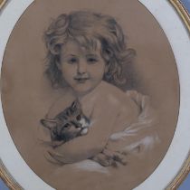 Portrait of a girl with a cat, 19th century charcoal/chalk, unsigned, 40cm x 33cm, framed Even paper