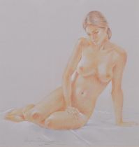 Luisa Dominguez, nude life study Isabel, coloured pastels on paper, signed, 25cm x 25cm, framed Good