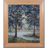 Wooded lake scene, late 20th century oil on canvas, unsigned, 75cm x 60cm, framed Good condition