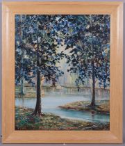 Wooded lake scene, late 20th century oil on canvas, unsigned, 75cm x 60cm, framed Good condition