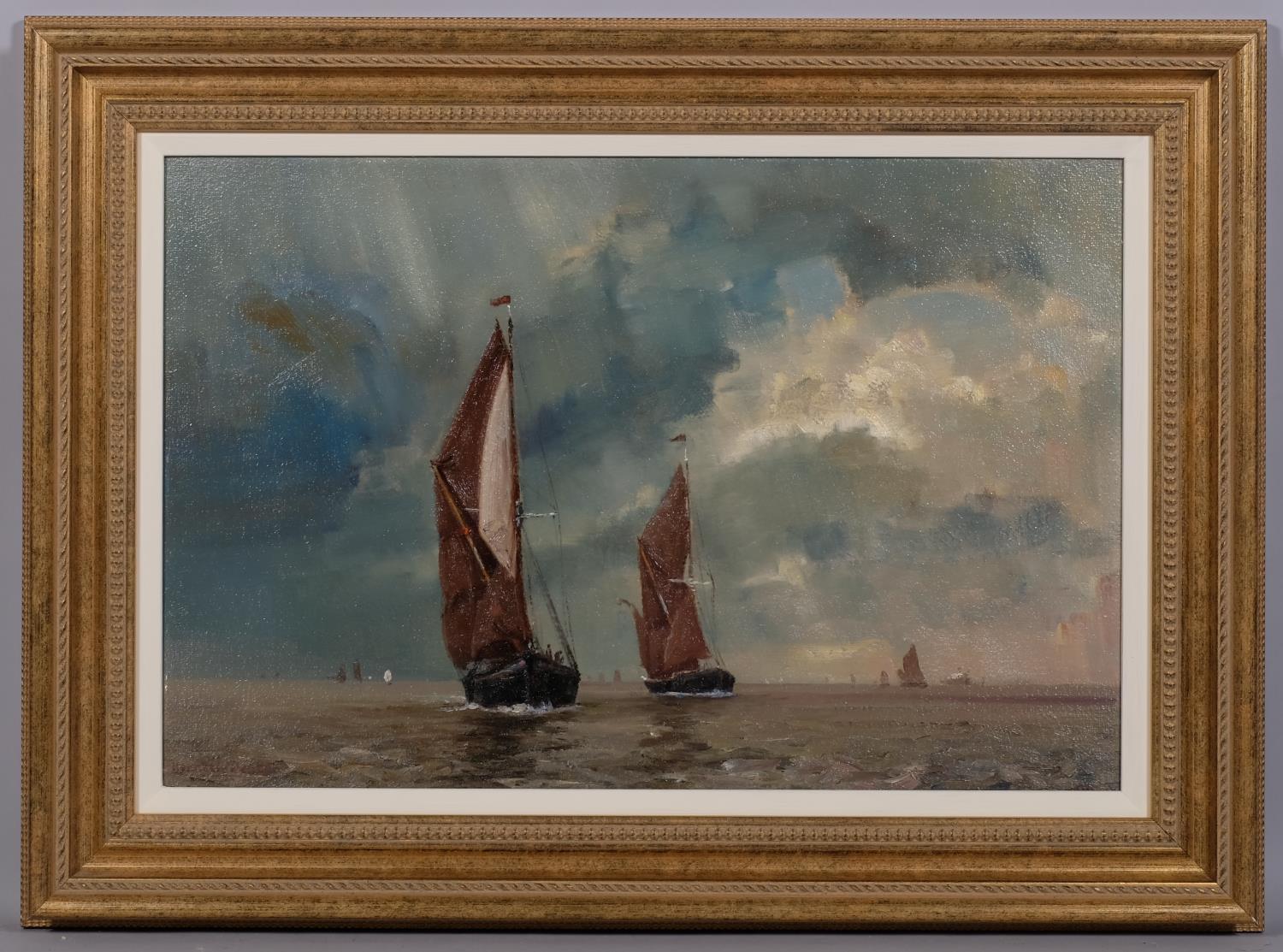 Kenneth Denton (born 1932), barges in the estuary, circa 1982, oil on board, signed, provenance: