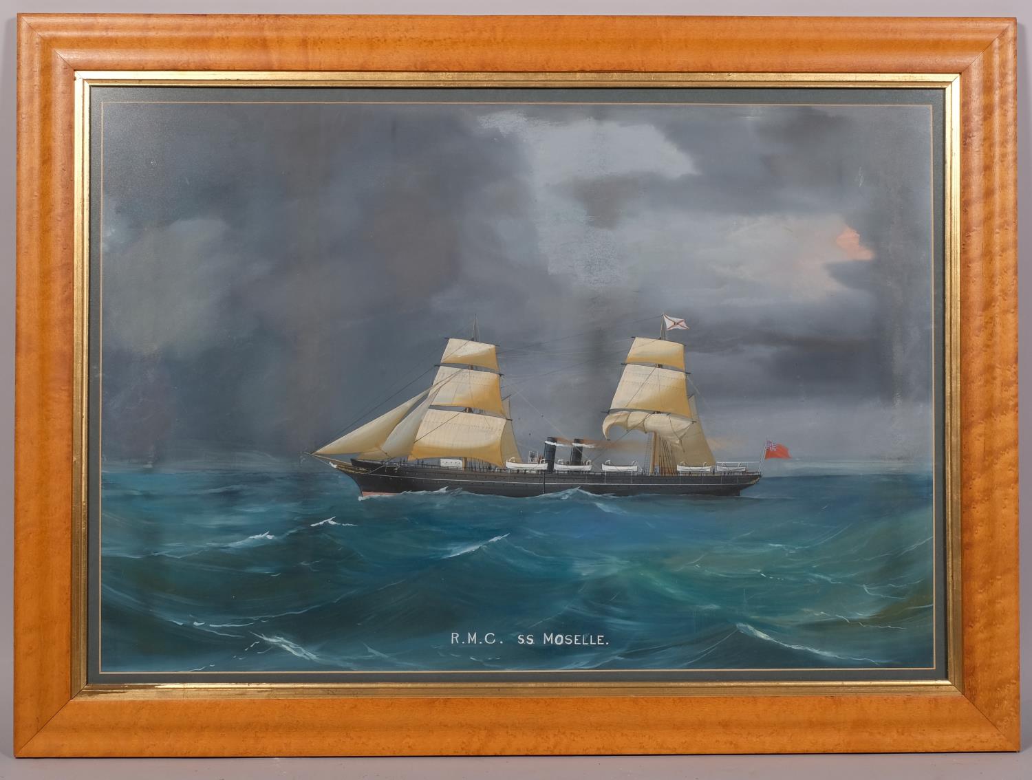 RMC SS Moselle, steam and sail ship off the coast, 19th century marine gouache painting, unsigned,