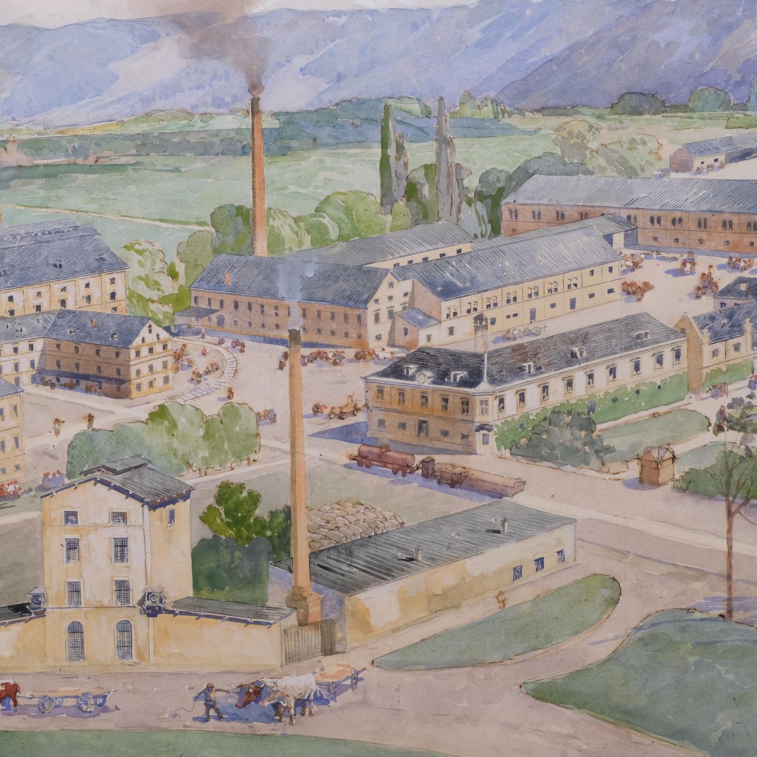 Extensive industrial scene, early to mid-20th century watercolour, indistinctly signed, 58cm x 90cm, - Image 2 of 4