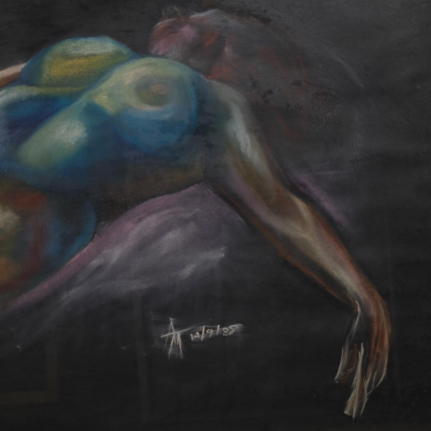 Nude life study, coloured pastels on black paper, signed with monogram, 63cm x 96cm, framed Good - Image 2 of 4