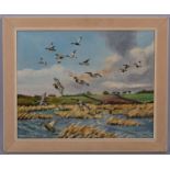 J Robson, mallards over a lake, oil on board, signed, 40cm x 51cm, framed Good condition