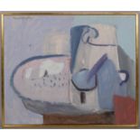 David Hampton (born 1926), abstract still life, oil on board, signed, 62cm x 75cm, framed Board