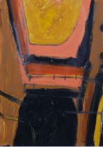 Mid-Twentieth Century British school, acrylic on card, Orange Yellow Black, mounted, 41cm x 29cm