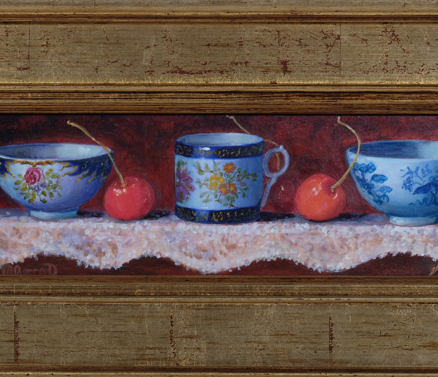 Maimie Gerrard, still life, china and cherries, oil on board, signed, 8cm x 29cm, framed Very good - Image 2 of 4