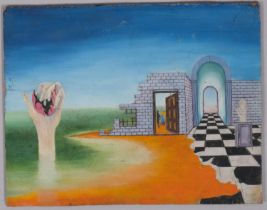 Surrealist composition, contemporary oil on board, unsigned, 18cm x 22.5cm, unframed Several very