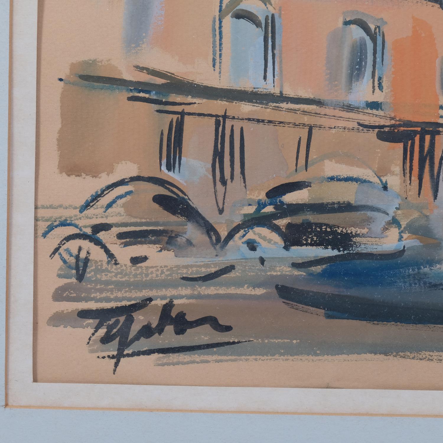 Mid-20th century Continental street scene, watercolour, indistinctly signed, 31cm x 46cm, framed - Image 3 of 4