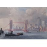 Anthony Flemming (born 1936), Thames view towards Tower Bridge, watercolour, signed, 36cm x 53cm,