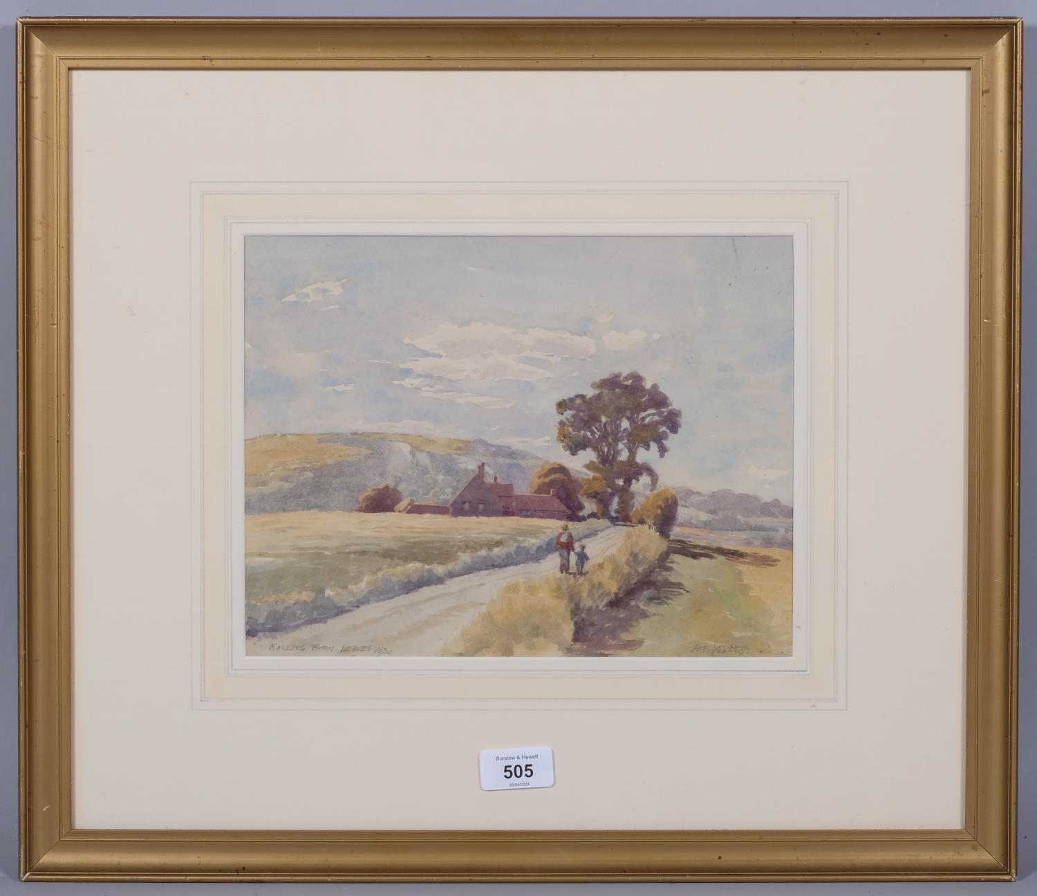 Alfred Bowman Yeates (1867 - 1944), Malling Farm Lewes 1930, watercolour, signed, 21cm x 29cm, - Image 2 of 4