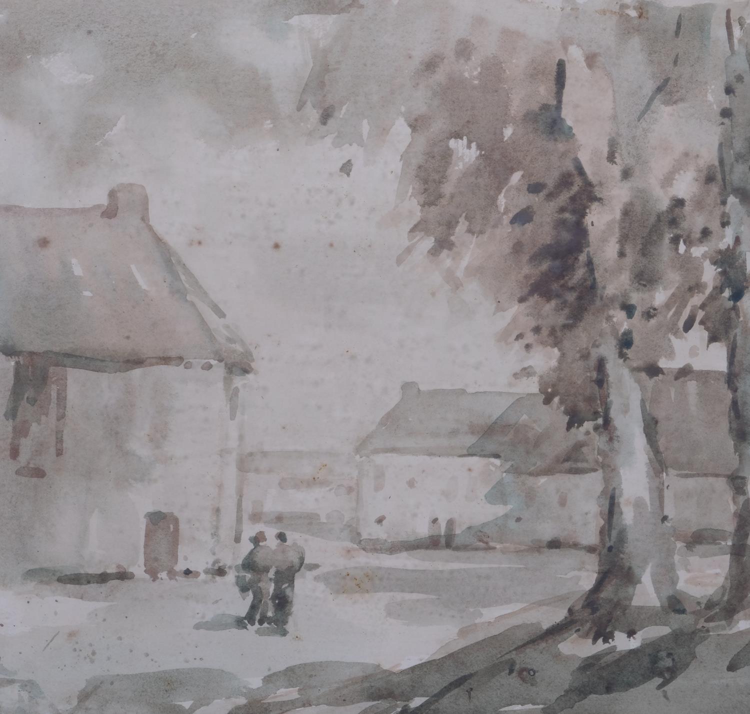 Figures near farm buildings, early 20th century watercolour, signed with monogram DJP, 22cm x - Image 2 of 4