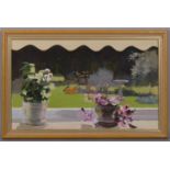 John Lingham, garden terrace, oil on board, signed, 37cm x 61cm, framed Good condition