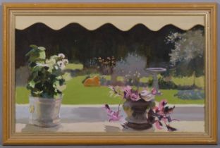 John Lingham, garden terrace, oil on board, signed, 37cm x 61cm, framed Good condition