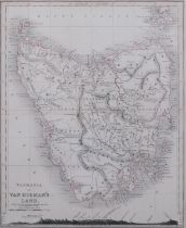 Map of Tasmania or Van Dieman's Land, 19th century engraving, image 26cm x 21cm, framed Good