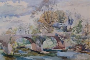 Bridge over a stream, watercolour, unsigned, 33cm x 48cm, framed Good condition