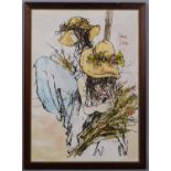Bernard Dufour, girls with summer flowers, acrylic on canvas board, signed, 47cm x 34cm, framed Good
