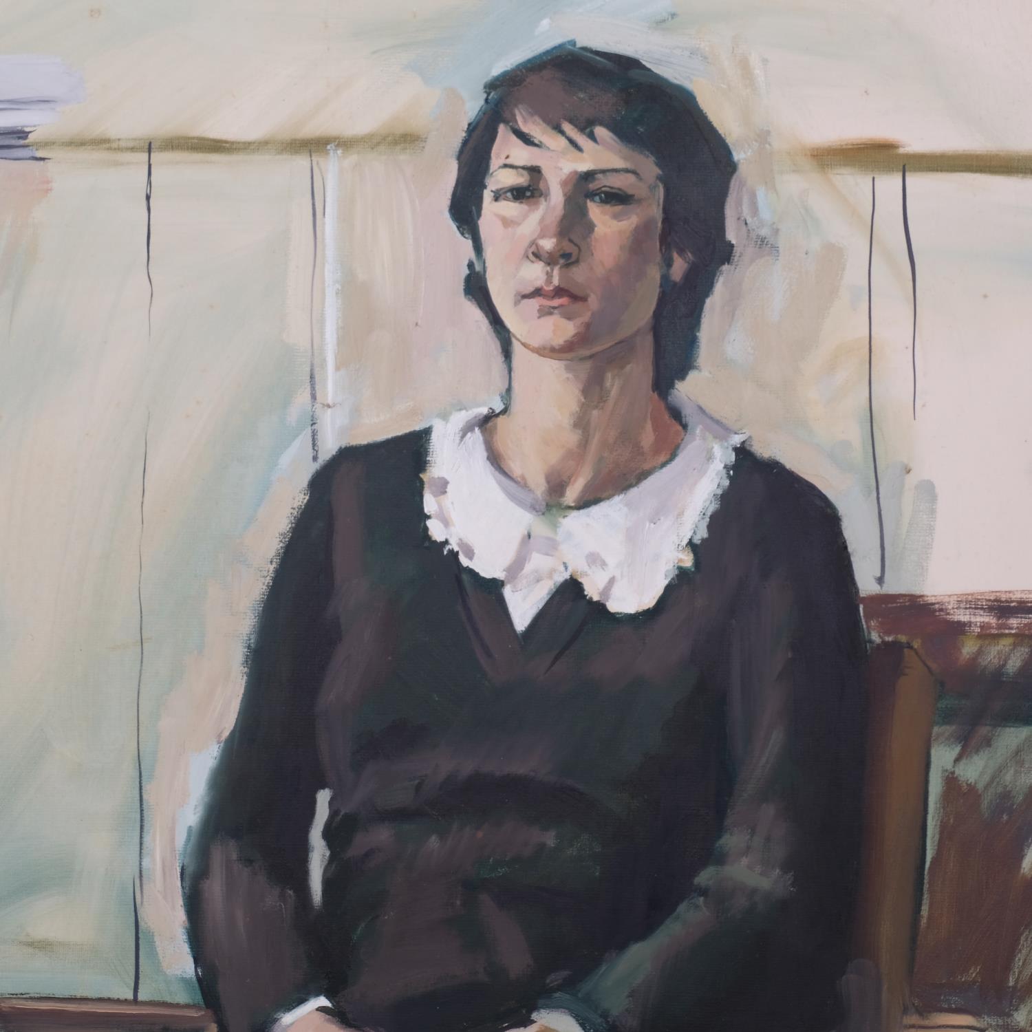 Margaret Lillford, portrait of a woman, oil on board, signed and dated 1980, 75cm x 62cm, framed - Image 2 of 4