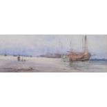 Circle of Thomas Bush Hardy, fishing beach scene, 19th century watercolour, unsigned, 13cm x 35cm,