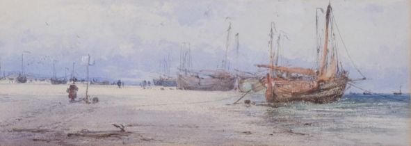 Circle of Thomas Bush Hardy, fishing beach scene, 19th century watercolour, unsigned, 13cm x 35cm,
