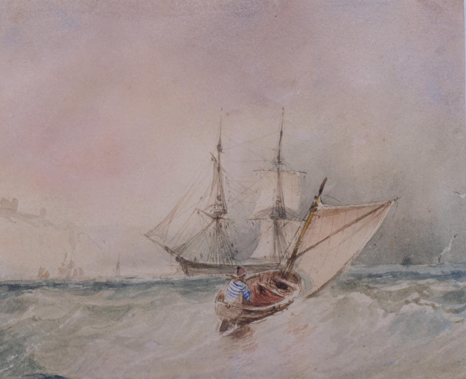 Shipping off the Dover coast, 19th century watercolour, unsigned, 10cm x 16cm, framed Good condition - Image 3 of 4