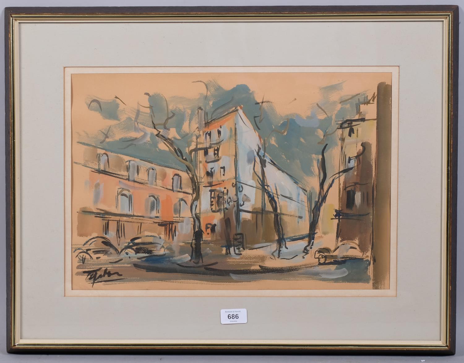 Mid-20th century Continental street scene, watercolour, indistinctly signed, 31cm x 46cm, framed - Image 2 of 4