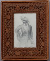 Portrait of an Indian man, pencil on paper, unsigned, in carved wood frame, overall frame dimensions