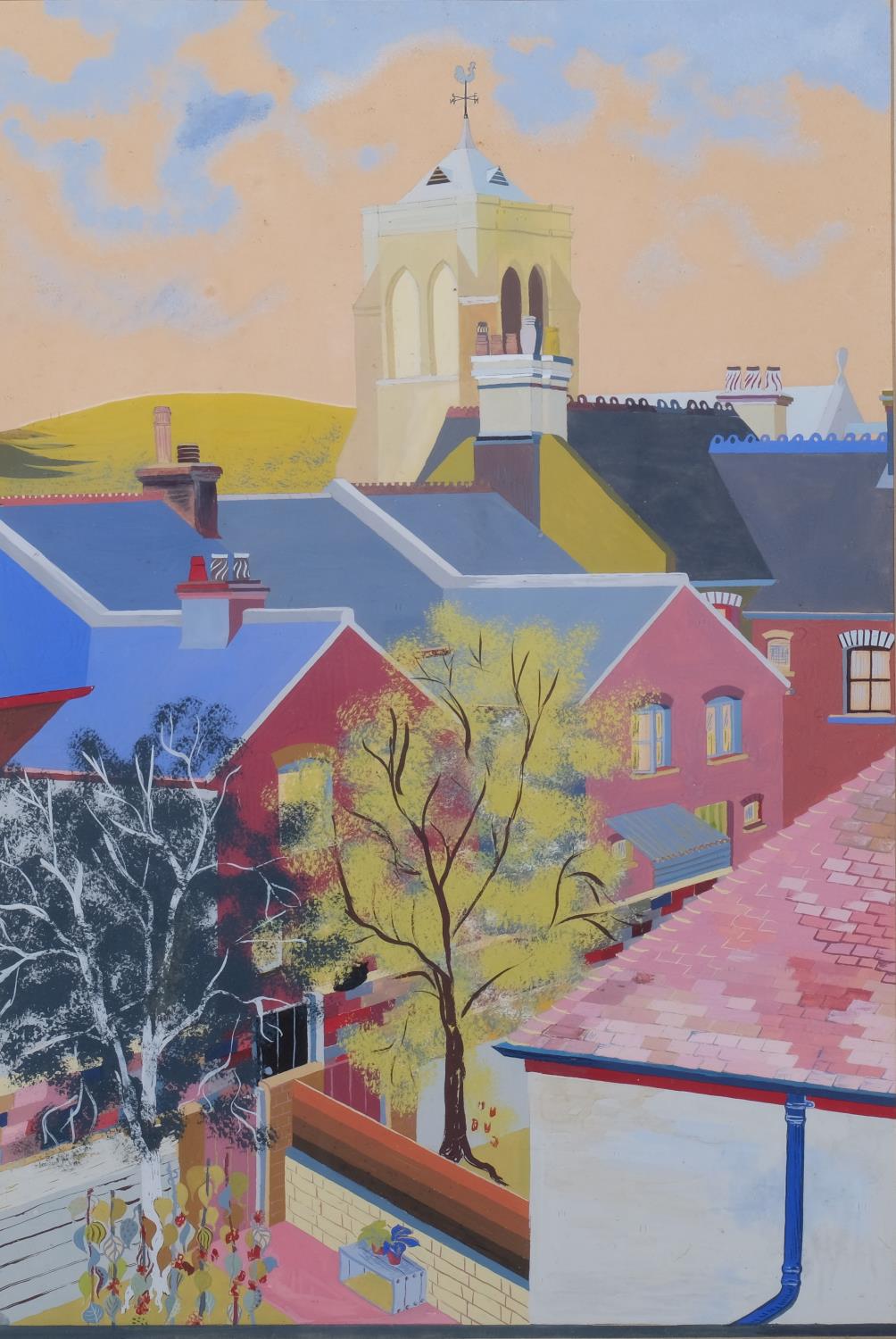 Modernist rooftops and church tower, mid-20th century gouache on paper, unsigned, 46cm x 31cm,