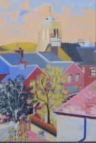Modernist rooftops and church tower, mid-20th century gouache on paper, unsigned, 46cm x 31cm,