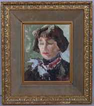 Bloomsbury School, portrait of a woman, oil on board, unsigned, 26cm x 22cm, framed Good condition