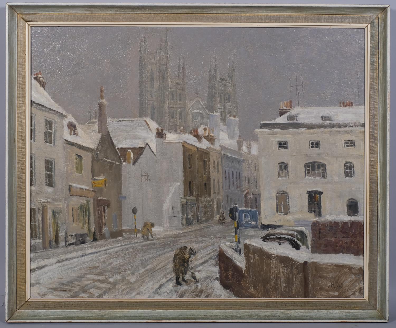 Winter street scene, mid-20th century oil on board, signed with monogram, dated '63, 61cm x 74cm,