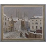 Winter street scene, mid-20th century oil on board, signed with monogram, dated '63, 61cm x 74cm,