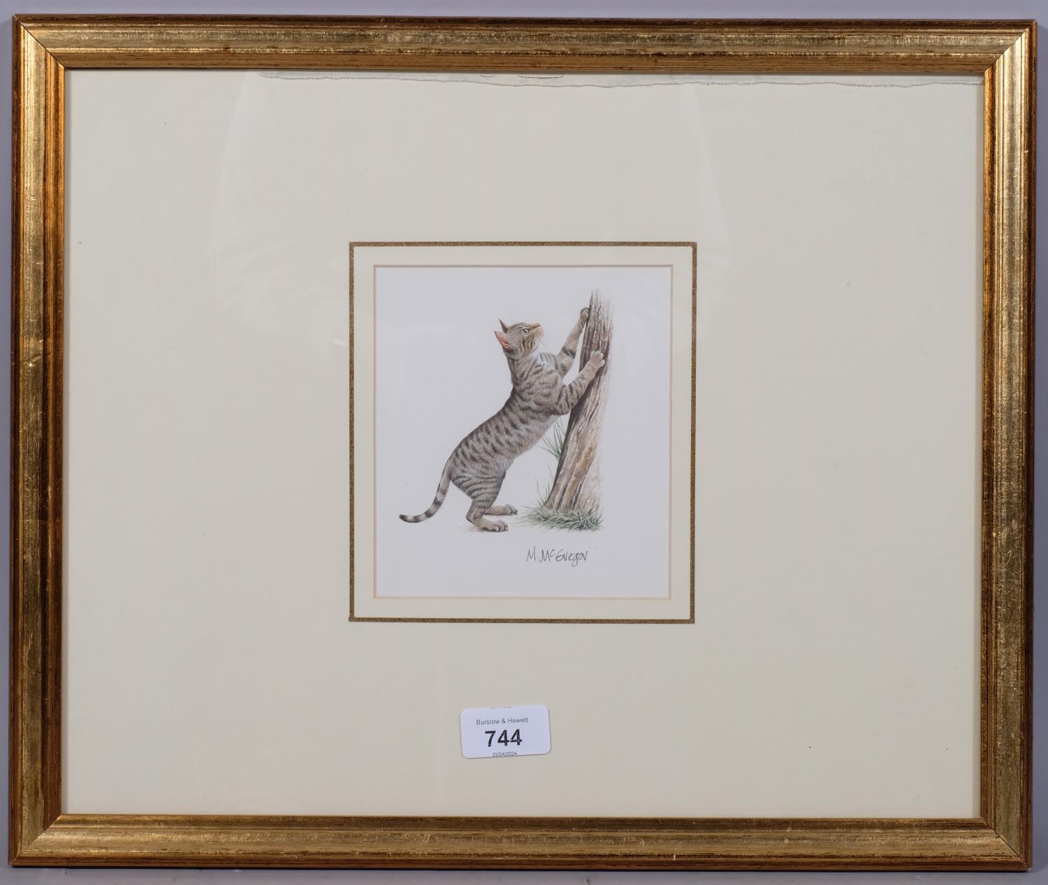 M.McGregor (XX-XXI), signed print on paper, Tabby Cat Scratching Tree, signed in ink, 10cm x 9cm, - Image 2 of 4