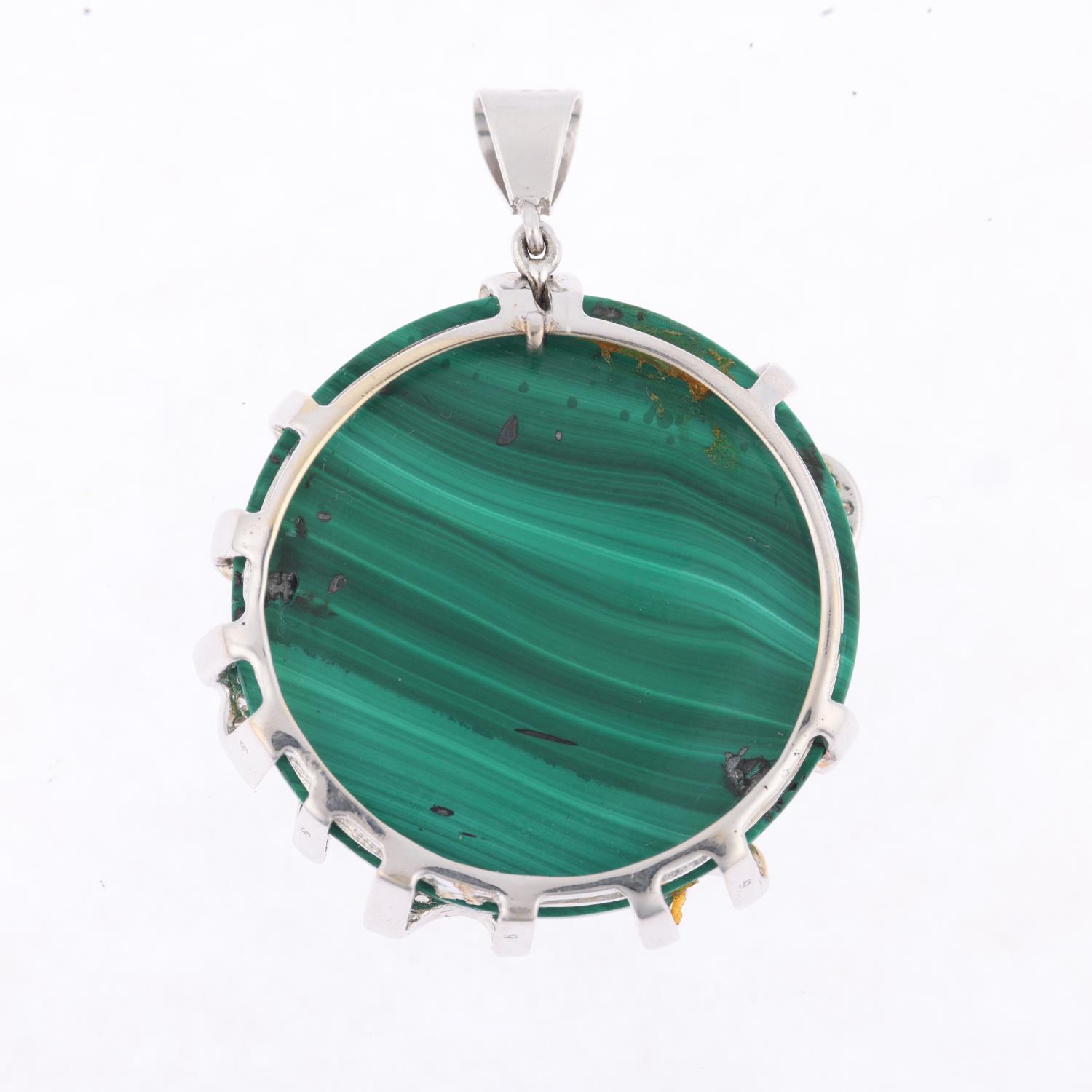 A modern malachite and diamond disc drop pendant, set with modern round brilliant-cut diamonds, - Image 3 of 4