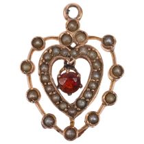 An Edwardian 9ct gold garnet and pearl heart openwork pendant, 20mm, 1.1g No damage or repair, all