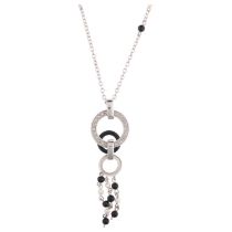 A modern 9ct white gold pearl onyx and diamond hoop drop pendant necklace, on 9ct cable link