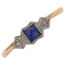 An Art Deco 18ct gold three stone sapphire and diamond ring, platinum-topped, set with square-cut