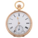 An early 20th century Swiss 14ct gold open-face keyless fob watch, white enamel dial with Roman