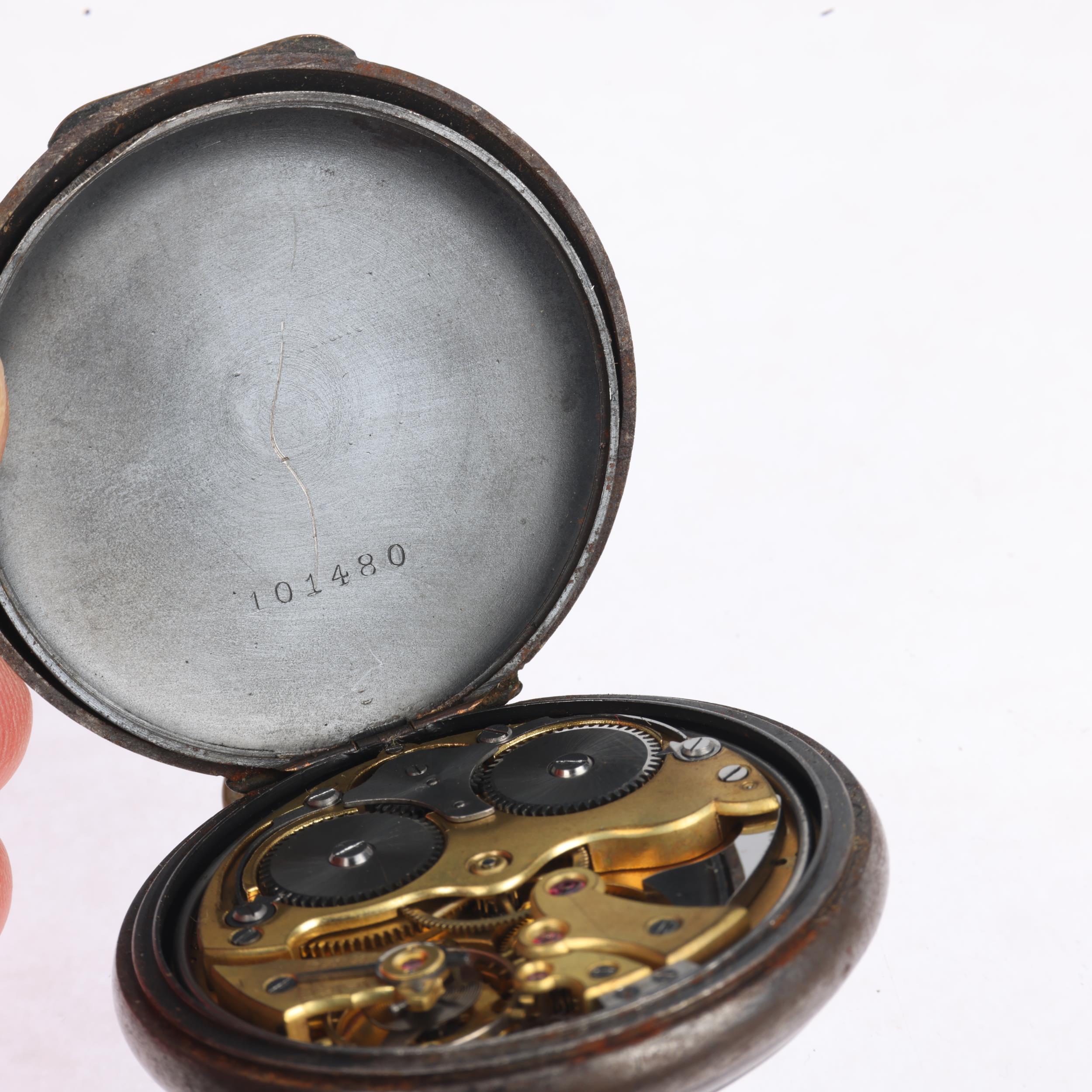 A First World War Period gun-metal open-face keyless alarm pocket watch, white enamel dial with - Image 5 of 5