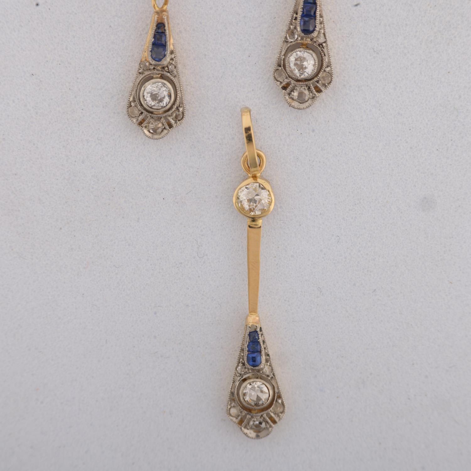 An Art Deco sapphire and diamond matching pendant and earring set, the matching lobed drops set with - Image 2 of 4