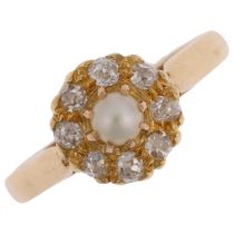 An early 20th century whole pearl and diamond flowerhead cluster ring, claw set with 3.6mm pearl