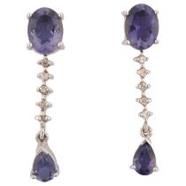 A pair of 9ct white gold tanzanite and diamond drop earrings, with stud fittings, 29.6mm, 4.1g No