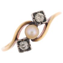 An early 20th century three stone pearl and diamond crossover ring, set with 3.7mm pearl flanked