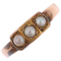 A Victorian three stone pearl mourning ring, apparently unmarked, closed-back settings, setting